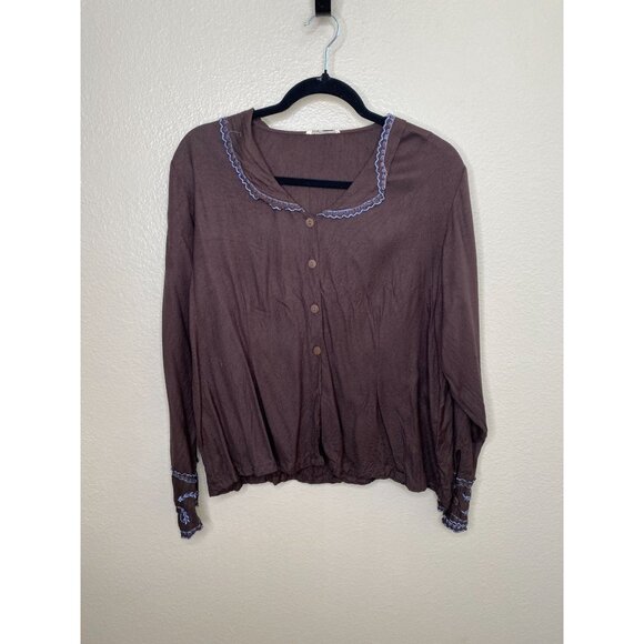 Vintage April Cornell Womens Brown Blouse L Long Sleeve Button-Up rayon - Picture 3 of 5